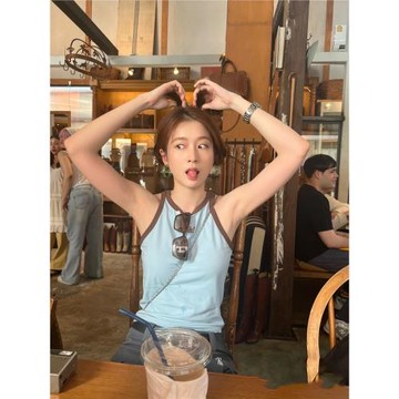 張雪迎同款夏季潮牌韓版字母刺繡撞色無袖修身百搭顯瘦掛脖小吊帶