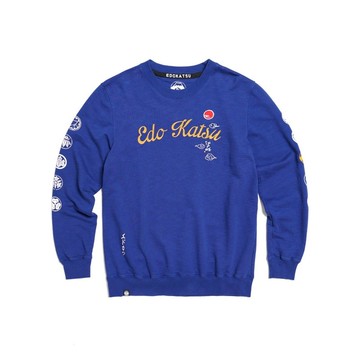 江戶勝 日系 男裝 雙袖家徽章厚長袖T恤(灰藍色) #上衣