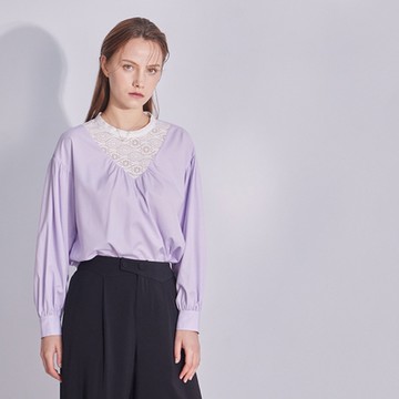 【MASTINA】領拼接蕾絲條紋長袖襯衫 紫