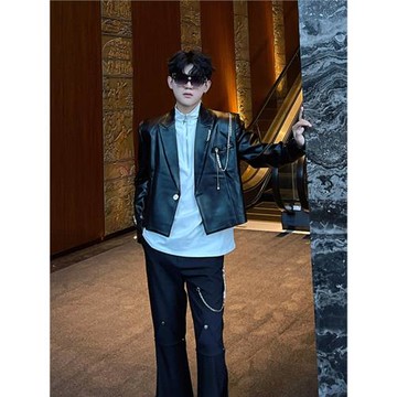 BIG Wisdom黑色短款西裝外套男小眾珍珠掛鏈設計高級感墊肩西服