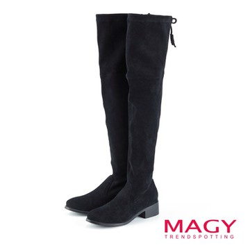 MAGY 彈力絨布粗跟過膝長靴 黑色