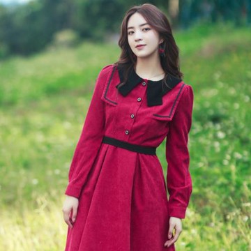 秋冬女新款復古設計感小眾撞色娃娃領學院風燈芯絨內搭打底連衣裙