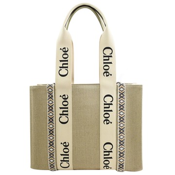 CHLOE Woody系列 圖騰織帶亞麻帆布中款肩背托特包/購物包(燕麥灰)