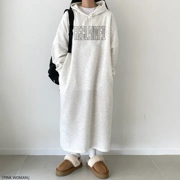 韓版寬鬆顯瘦字母長袖長款拼接裙女加絨秋冬休閒連衣