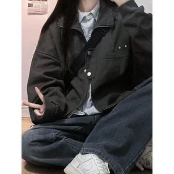 台灣现貨 男女款外套 寬鬆純色外套 工裝外套 飛行夾克上衣 女生外套 秋季外套 美式復古外套 休閒大碼上衣