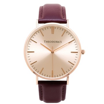 Hera簡約中性款真皮腕錶 粉膚面-真皮紫紅