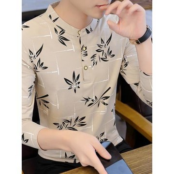 春秋純棉新款印花長袖男t恤韓版潮流修身上衣男士立領內搭打底衫