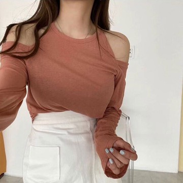 ANNAS 正韓挖肩棉T 薄款上衣 長袖露肩性感T恤 素面 韓國