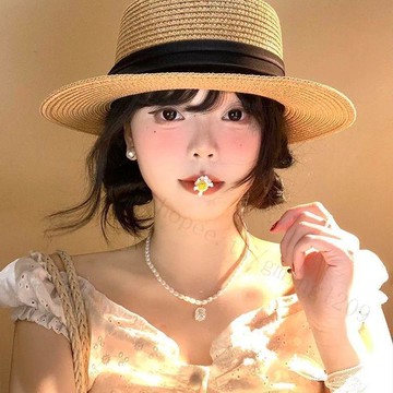 【法式度假風】夏季平檐草帽 遮陽帽 遮陽禮帽 防曬海邊帽子 度假草編沙灘平頂帽 草帽女 拉菲草帽 防曬帽子 防曬帽子遮臉