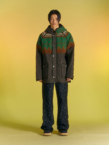 Unisex Nordic Knit Patch Quilted Parka_Khaki