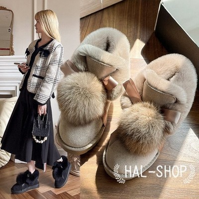 ムートンブーツ レディース ショートブーツ ポンポン付き ラウンドトゥ ファームートン 靴 ファー 防寒 厚底 痛くない 防滑 内ボア あたたかい もこもこ 通販 Lineポイント最大get Lineショッピング