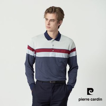 pierre cardin 皮爾卡登 休閒服飾 男款 質感撞色條紋設計長袖Polo衫-深藍色(5255252-39)