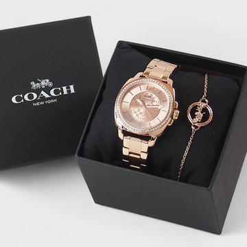 COACH BOYFRIEND 經典滿版C錶盤 馬車Logo不鏽鋼女錶34mm+手鍊組合(玫瑰金色 送禮精選)