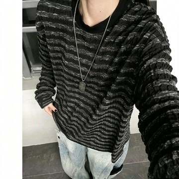 【臺灣出貨】紗色條紋老錢風初秋款寬鬆長袖T恤 男士時尚百搭打底上衣 撞色橫紋針織上衣 圓領寬鬆針織衫