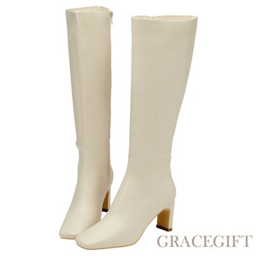 【Grace Gift】優雅小千金方頭扁跟瘦瘦長靴 米白