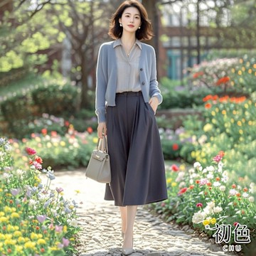 初色 翻領長袖假兩件開衫襯衫+純色中腰半身裙套裝-藍灰衣灰裙-11295(F可選)
