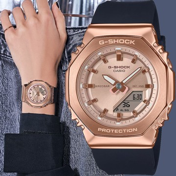 CASIO 卡西歐 G-SHOCK 個性時尚 八角金屬錶殼 雙顯手錶-玫瑰金x黑 GM-S2110PG-1A4