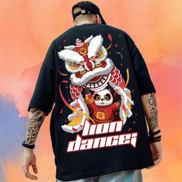 中國風國潮舞獅t恤oversize大碼寬松胖子男裝潮牌情侶裝短袖夏季