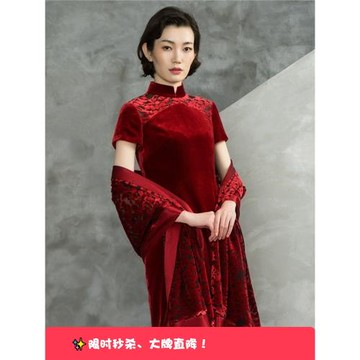 私人訂制短袖修身彈力鏤空真絲絨長旗袍裙媽媽裝婚宴酒會晚禮服紅