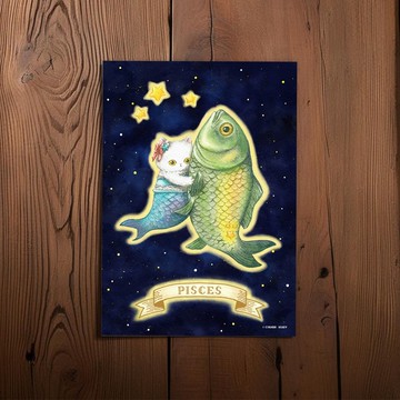 原創 星座貓貓 雙魚座 水彩手繪 明信片