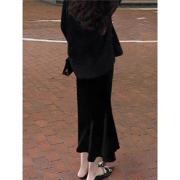 金絲絨半身裙女春秋裝歐貨絲絨半裙包臀一步裙中長款荷葉邊魚尾裙