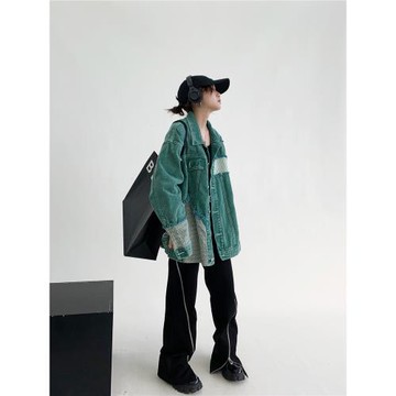 (免運)廢柴秋季美式復古設計感情侶夾克寬松重工做舊破洞拼接牛仔外套女