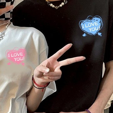 藍粉塗鴉愛心I LOVE YOU 短袖 純棉 現貨 S~XL 情侶裝 台灣製【Y0919】情侶T 團體服 快速出貨 短T