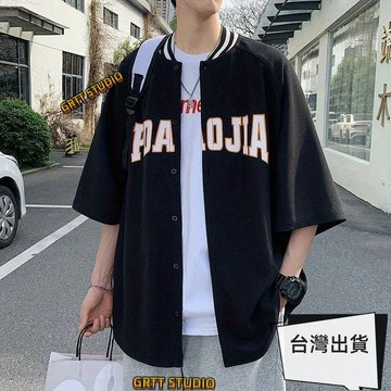 優選 大尺碼 棒球衣 短袖襯衫 短袖上衣 棒球領襯衫短袖男潮牌ins夏季2023新款華夫格襯衣外套痞帥潮上衣