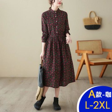 【韓國K.W.】型-韓國文藝小碎花亞麻連衣裙