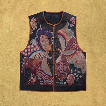 【蝶影】新中式復古/桑蠶絲刺繡圓領盤扣對開襟馬甲外套