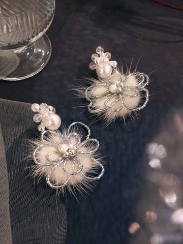 失眠航班。(2way)MUCHAT手作珍珠毛球花純銀針耳環