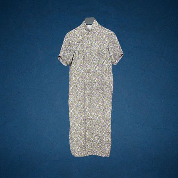 二手 灰紫色碎花 古董訂製 薄短袖旗袍 CA0803