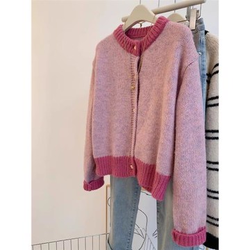 小香風粉色短款毛衣外套女秋冬春裝加厚慵懶風小個子針織開衫上衣