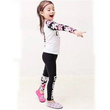 Biki比基尼妮泳衣，白花長袖泳衣兒童泳衣小朋友(M-4XL)