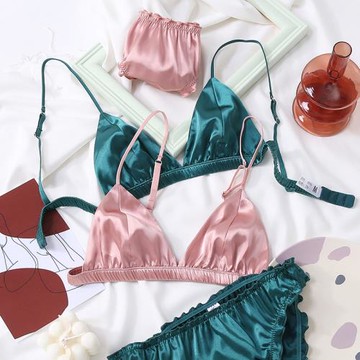 法式少女無鋼圈bralette綢緞純色三角杯內衣輕奢軟杯舒適文胸套裝