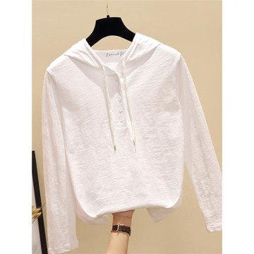 2025年春裝新款白色竹節棉長袖t恤女裝v領寬松韓版連帽打底衫上衣