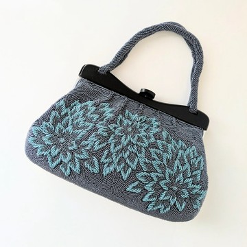 復古 串珠包 藍灰色×藍色 菊花圖案 派對包 特殊場合包 手作 ビーズ刺繡 復古風格