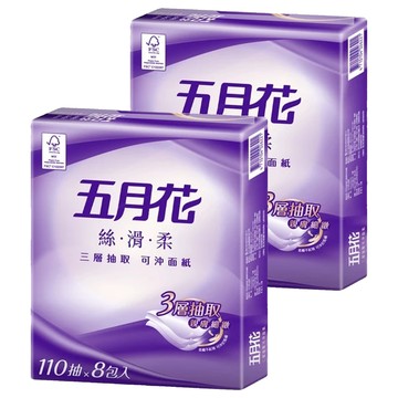 五月花 絲滑柔可沖面紙 3層  8包  2袋