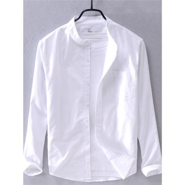男士長袖襯衫白色純棉圓領青年休閑打底百搭寬松立領牛津紡襯衣寸