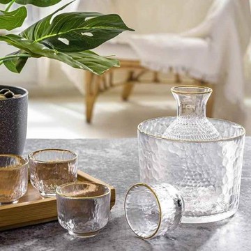 日式錘紋金邊玻璃酒黃酒溫酒器套裝酒酒壺家用一兩白酒杯清酒盅具