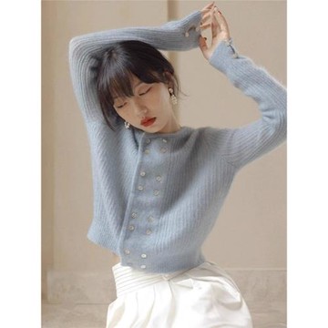 法式霧霾藍針織開衫女春秋新款復古外搭短款上衣馬海毛毛衣外套潮