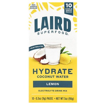 Laird Superfood, 補水椰子汁，電解質混合飲品，檸檬味，10 包，每包 0.3 盎司（9 克）