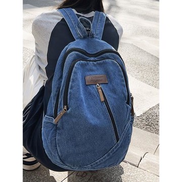 書包女大學生高中生牛仔布輕便電腦背包大容量美式復古雙肩包初中