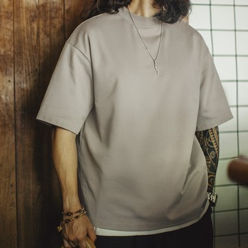 馬登工裝 美式半高小領口落肩短袖灰色老錢風重磅寬鬆短袖T恤男夏