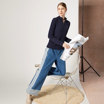 INDIGO雙面拼接抓鬚直筒寬褲