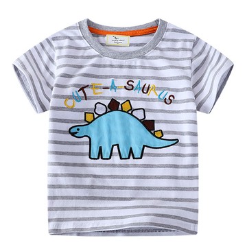 Jumping meters - 棉質圓領短袖上衣-可愛恐龍-灰色條紋