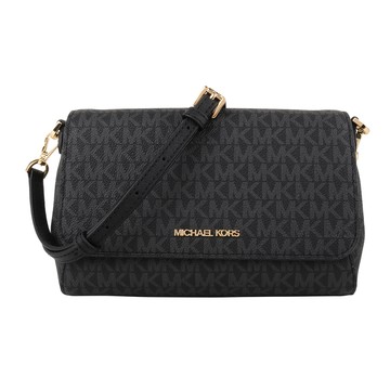 MICHAEL KORS-金字滿版MK皮革釦式斜背包(黑灰)小款