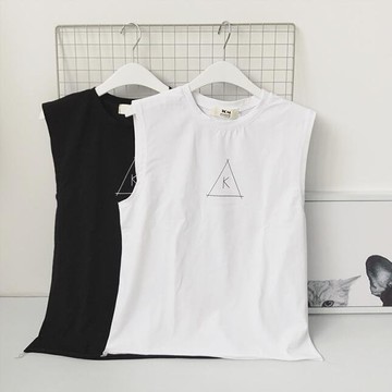 FINDSENSE品牌 時尚潮流 男 寬鬆 休閒 個性下擺 三角型K字母 印花 無袖T恤 背心 圖案T
