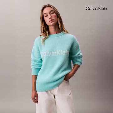 【Calvin Klein】 CK 羊駝毛混紡標誌毛衣_藍色