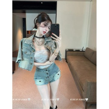 【𝐊𝐈𝐊𝐈𝐅𝐀𝐌𝐄】🥤辣妹公式🎧～酷辣蕾絲平口連體衣 牛仔外套 牛仔短褲 蕾絲上衣 平口上衣 短袖外套 牛仔褲 三件套